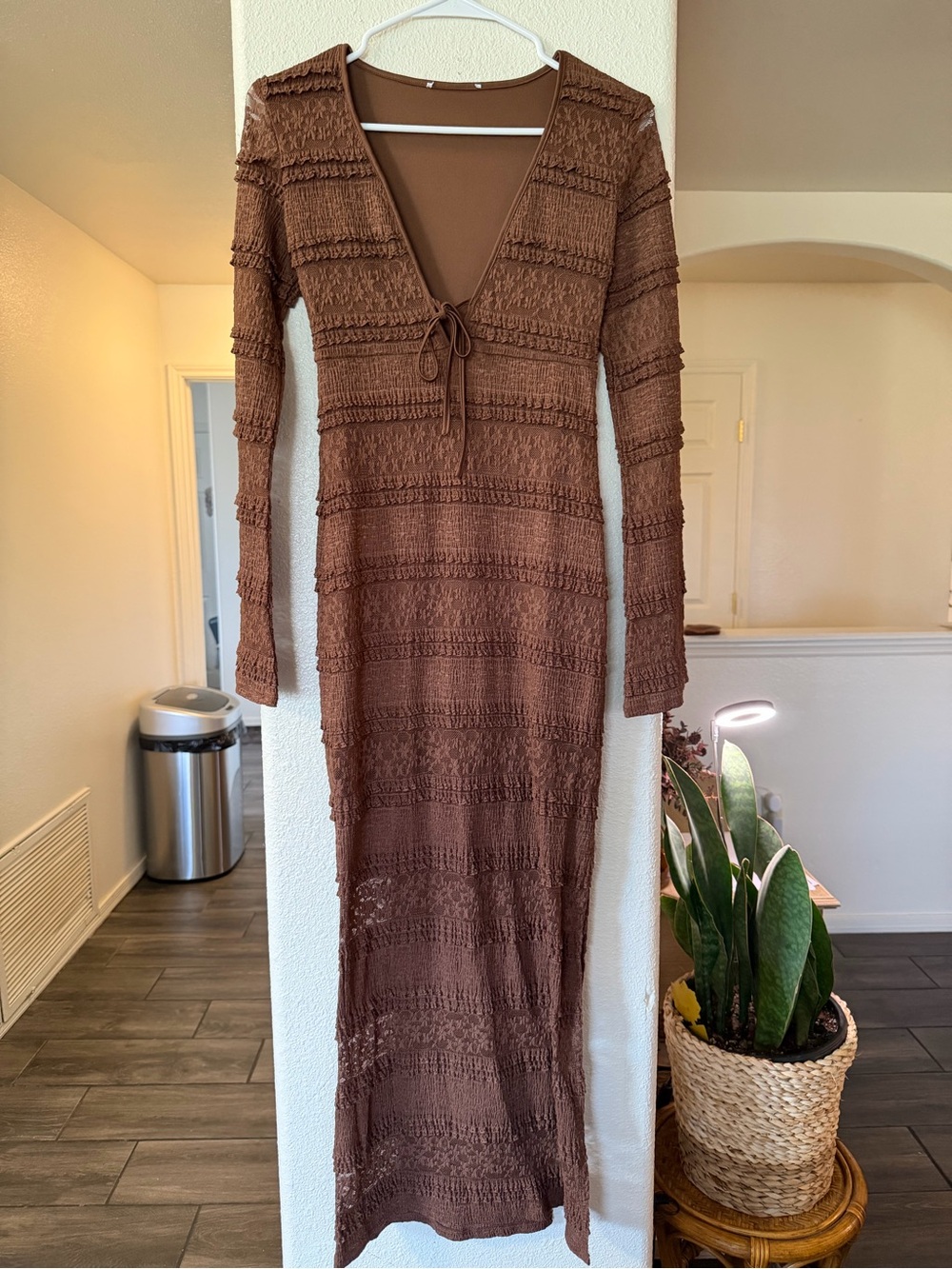 Boho Brown Long Sleeve Maxi Dress with V-Neck Tie
